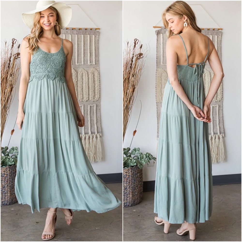1 LEFT! Sage Green Crochet Lace Long Maxi Dress Smocked - Picture 3 of 6